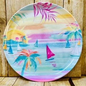 Palm Trees Sailboats Sunset Plates Set of 4 Melamine 11" Summer Beach House Pink